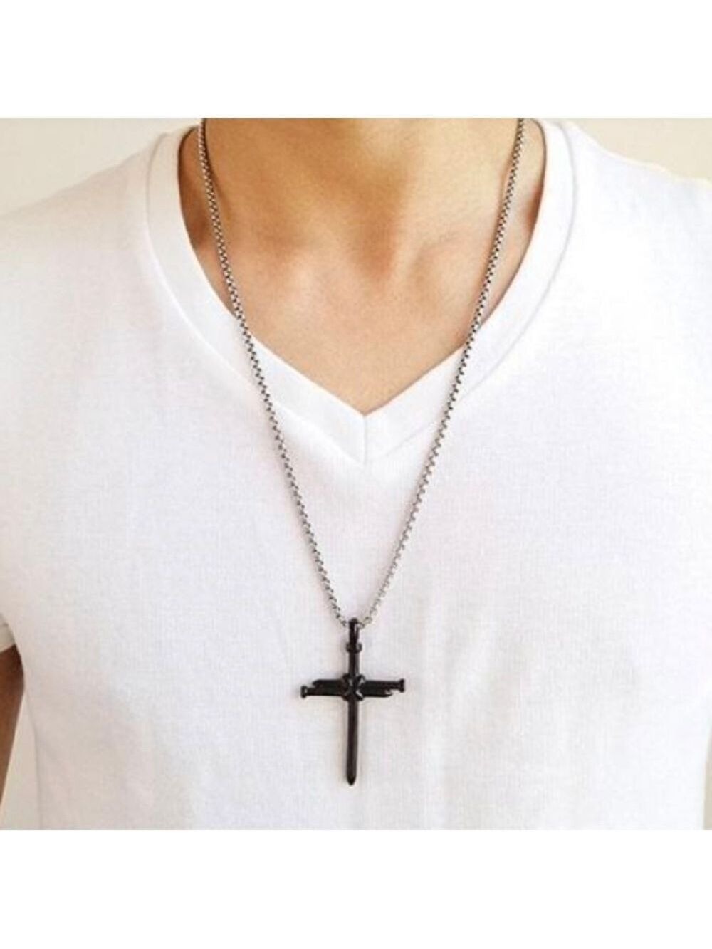 Pendant--𝅺BLACK over Stainless Steel Nails & Rope Cross pendant necklace - Picture 3 of 5